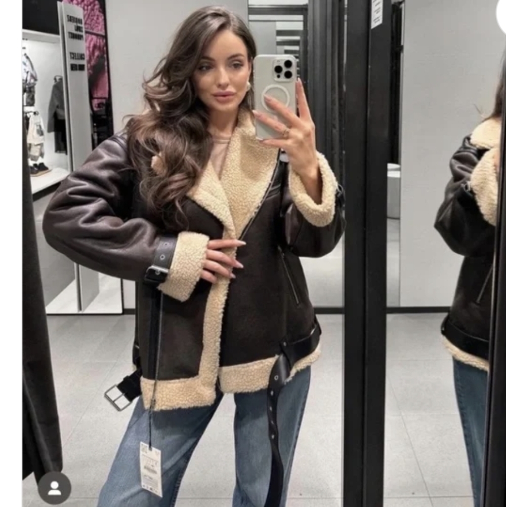 Zara Brown Faux Shearling Teddy Jacket with Cream Trim